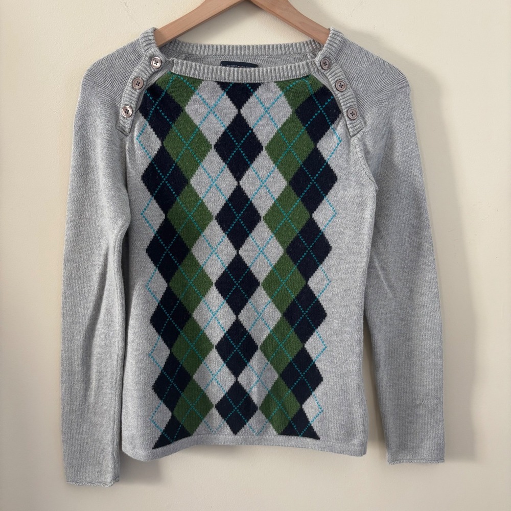 Tommy Hilfiger Womens Argyle Button Shoulder Sweater Gray Green Navy Small